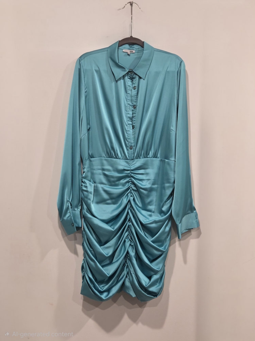 Turquoise Long Sleeve Ruched Back Satin Dress